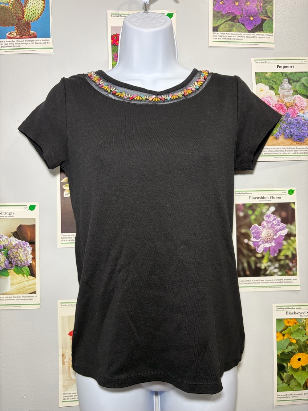 Rafaella Black Short-Sleeve Tee with Multicolor Embroidered Neckline